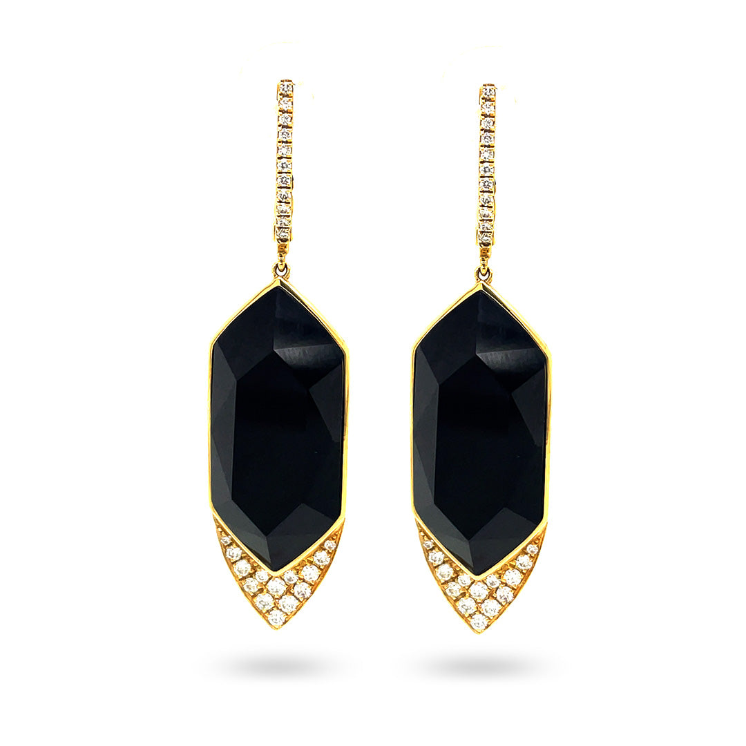 Front view of 18K yellow gold drop earrings with faceted black onyx and pave diamond accents on white background