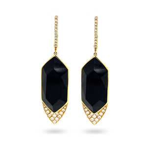 Front view of 18K yellow gold drop earrings with faceted black onyx and pave diamond accents on white background