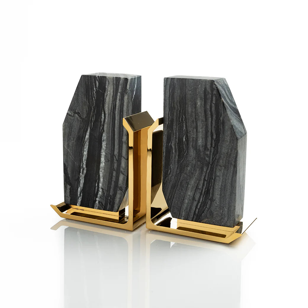Fim Geo Bookends, Grey Marble & Gold, Set of 2