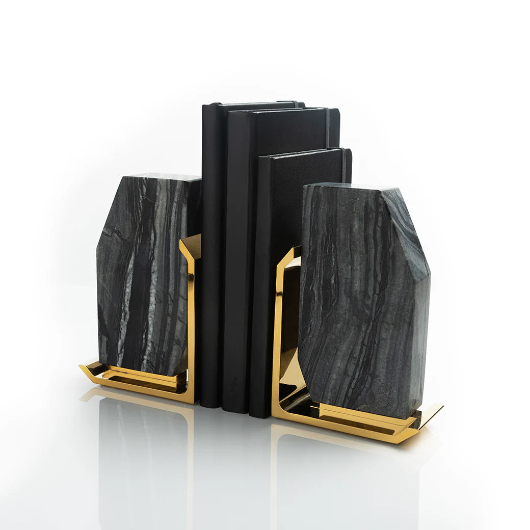 Fim Geo Bookends, Grey Marble & Gold, Set of 2