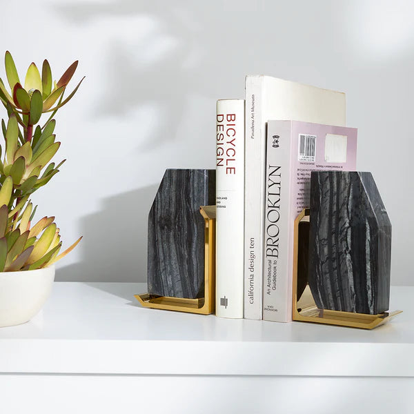 Fim Geo Bookends, Grey Marble & Gold, Set of 2