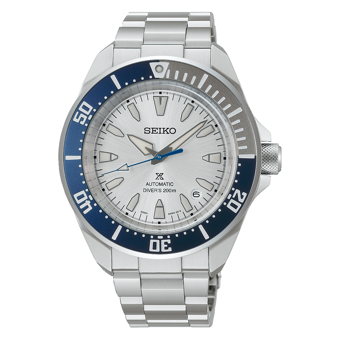 Seiko watch with silver bracelet and blue bezel on a white background