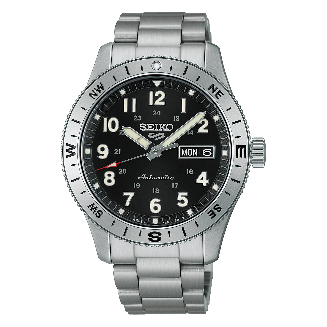 Silver Seiko watch with black dial on a white background