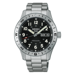 Silver Seiko watch with black dial on a white background