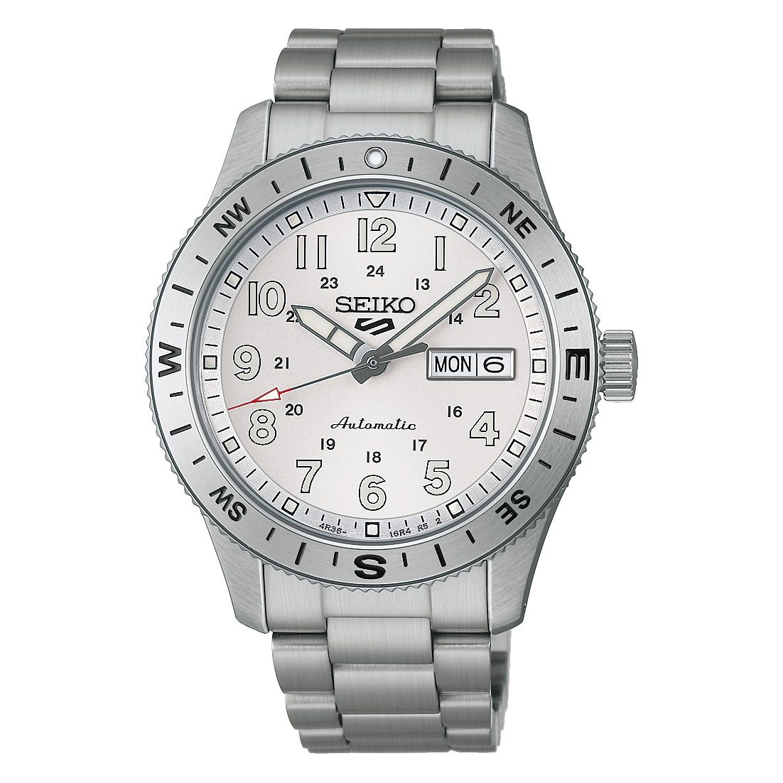 Silver Seiko watch with a white face on a white background