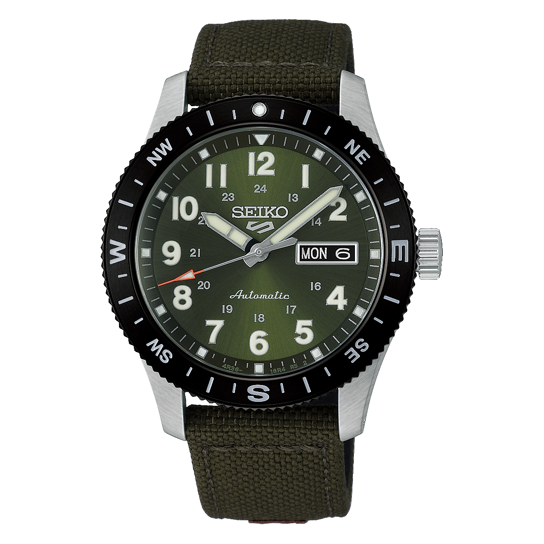 Seiko watch with green strap and dark green face on a white background