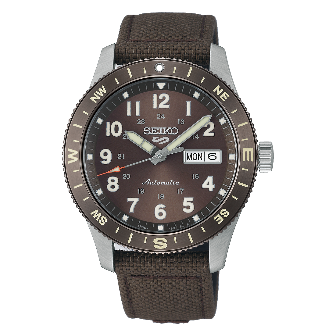 Seiko watch with brown nylon strap with brown dial on a white back ground