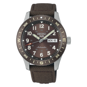 Seiko watch with brown nylon strap with brown dial on a white back ground