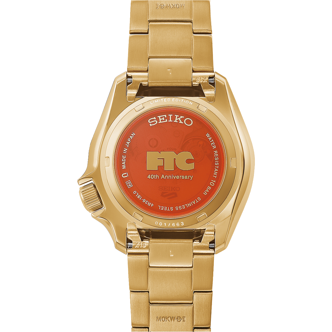 Gold tone Seiko watch with orange case back with FTC, 40th anniversary centered on the back on a white background