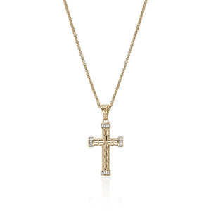A gold cross pendant necklace with small clear gemstones set at the ends of each arm and on the bail, hanging from a delicate gold chain against a white background.