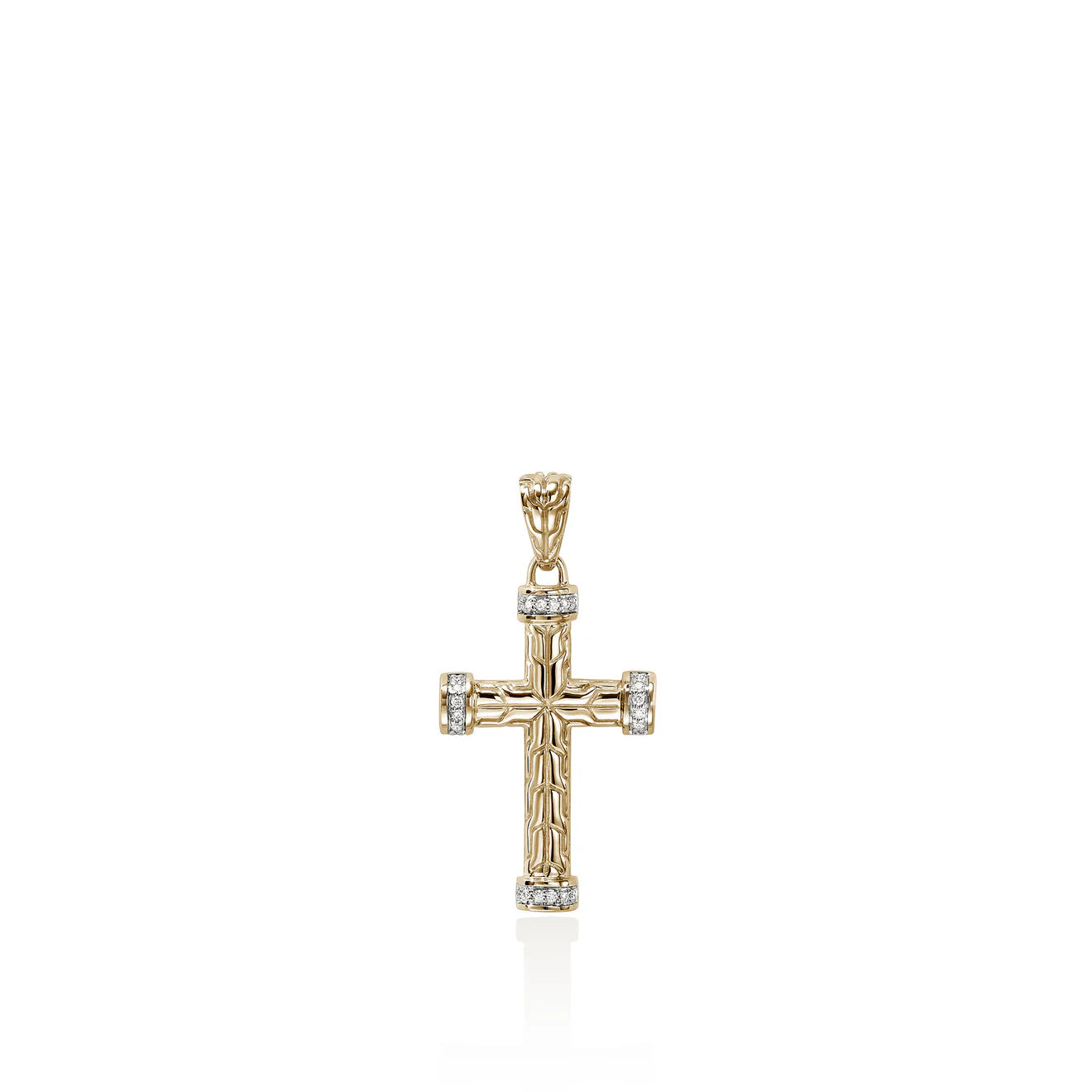 Gold cross pendant with embedded stones on a white background