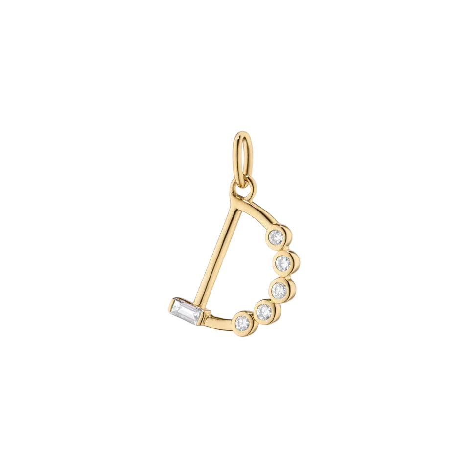 letter D initial gold charm with round and baguette diamonds on a white background