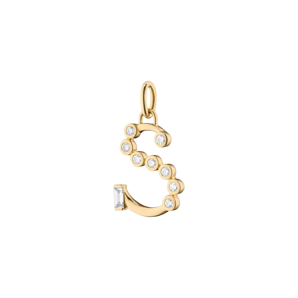 letter S gold initial charm with diamonds on a white background