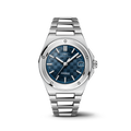 Stainless steel IWC watch with blue dial on a white background