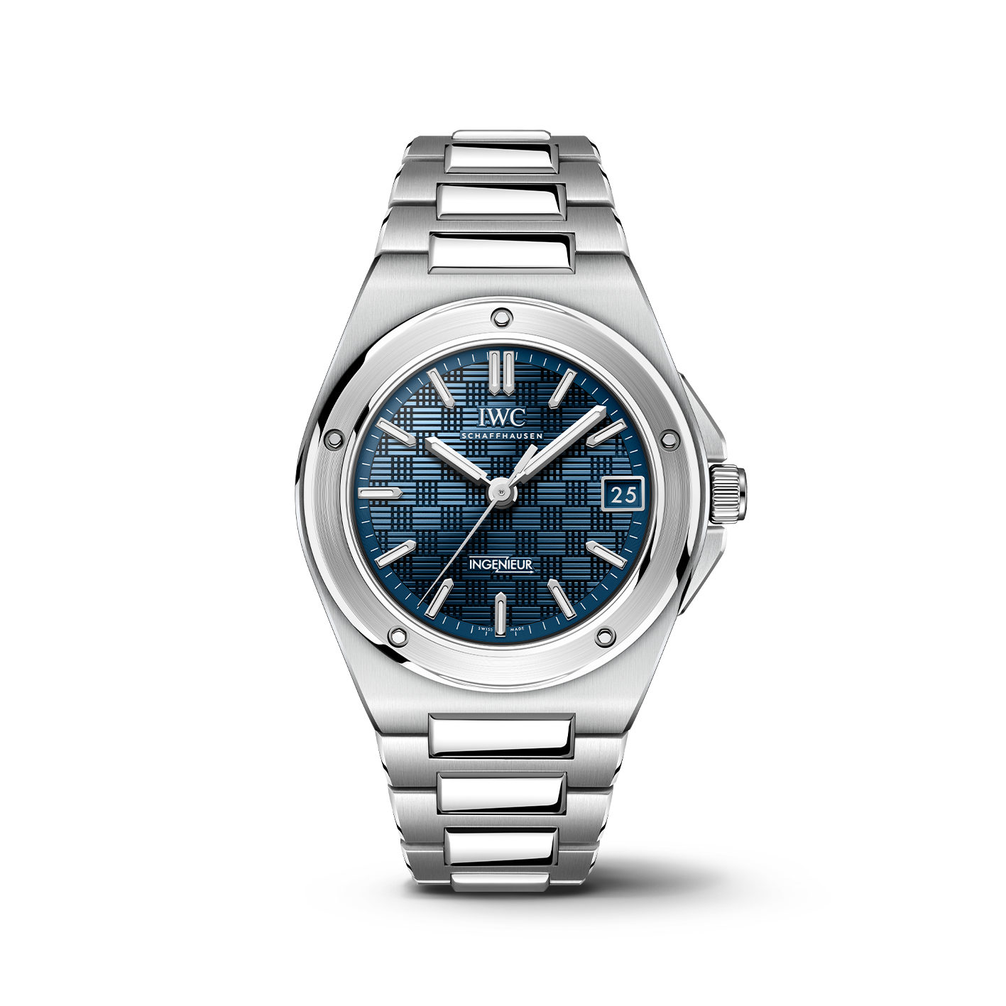 Stainless steel IWC watch with blue dial on a white background