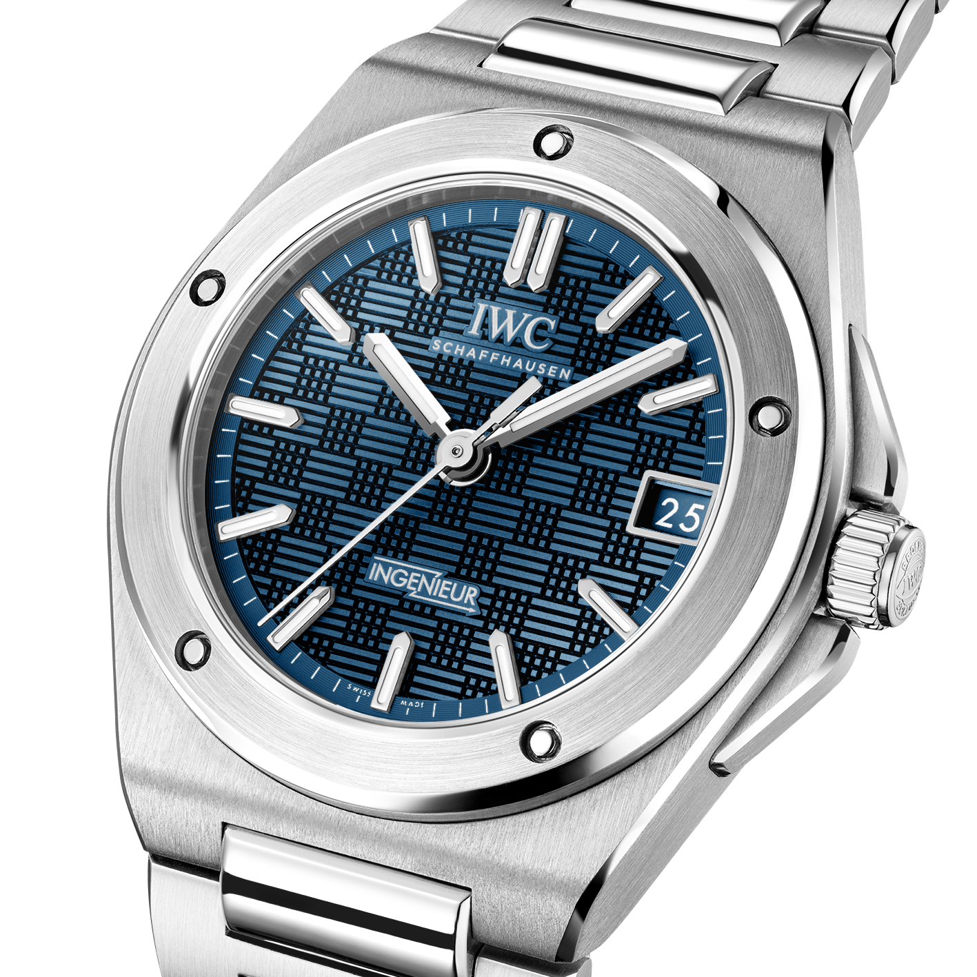 Stainless steel IWC watch with blue dial on a white background