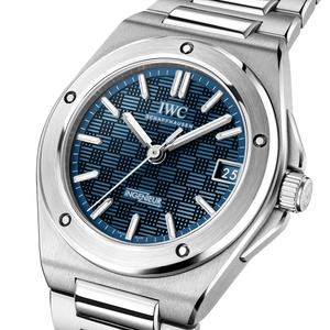 Stainless steel IWC watch with blue dial on a white background