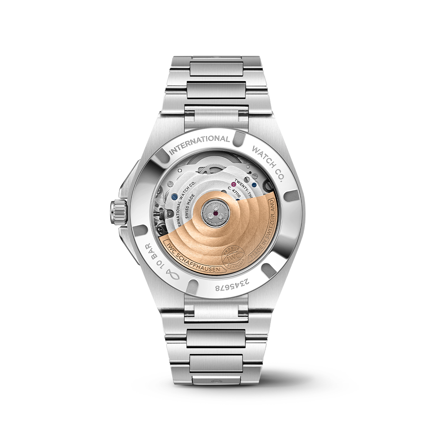 Rear view of Ingenieur Automatic 35 watch showing exhibition caseback with visible movement and gold rotor on black background