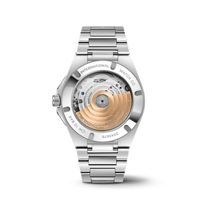 Rear view of Ingenieur Automatic 35 watch showing exhibition caseback with visible movement and gold rotor on black background