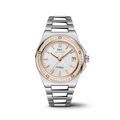 IWC watch with stainless steel, gold and diamond accents on a white background