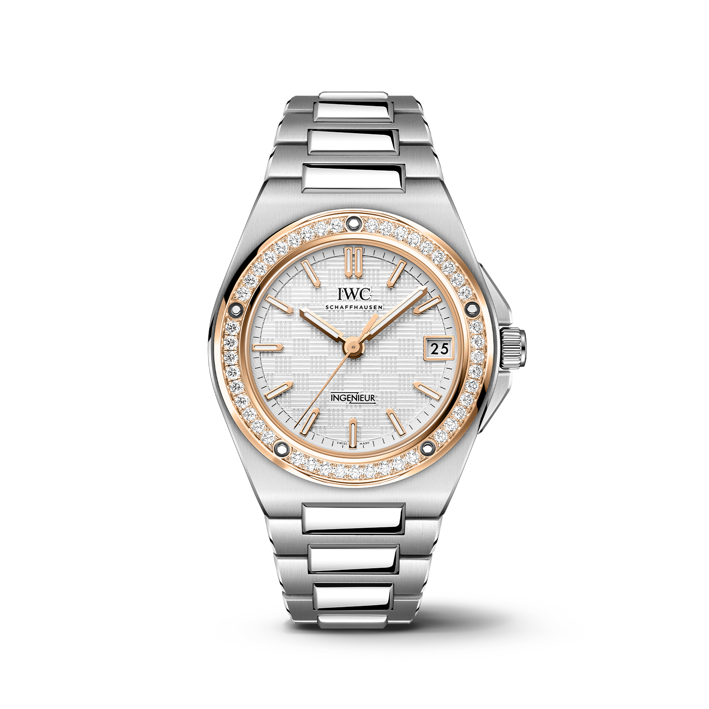 IWC watch with stainless steel, gold and diamond accents on a white background
