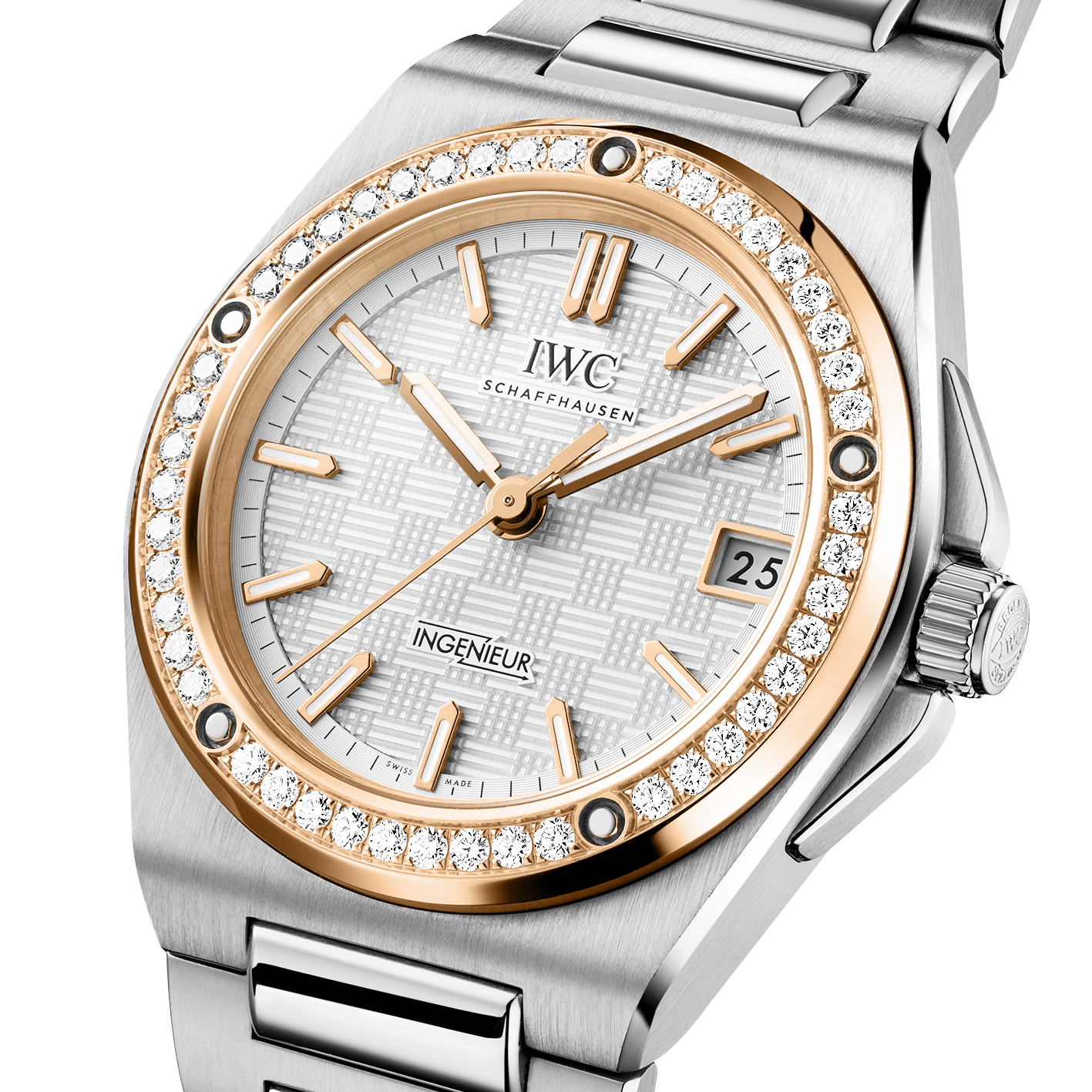 Close-up of IWC Ingenieur Automatic 35 watch with diamond-set rose-gold bezel and stainless steel bracelet on white