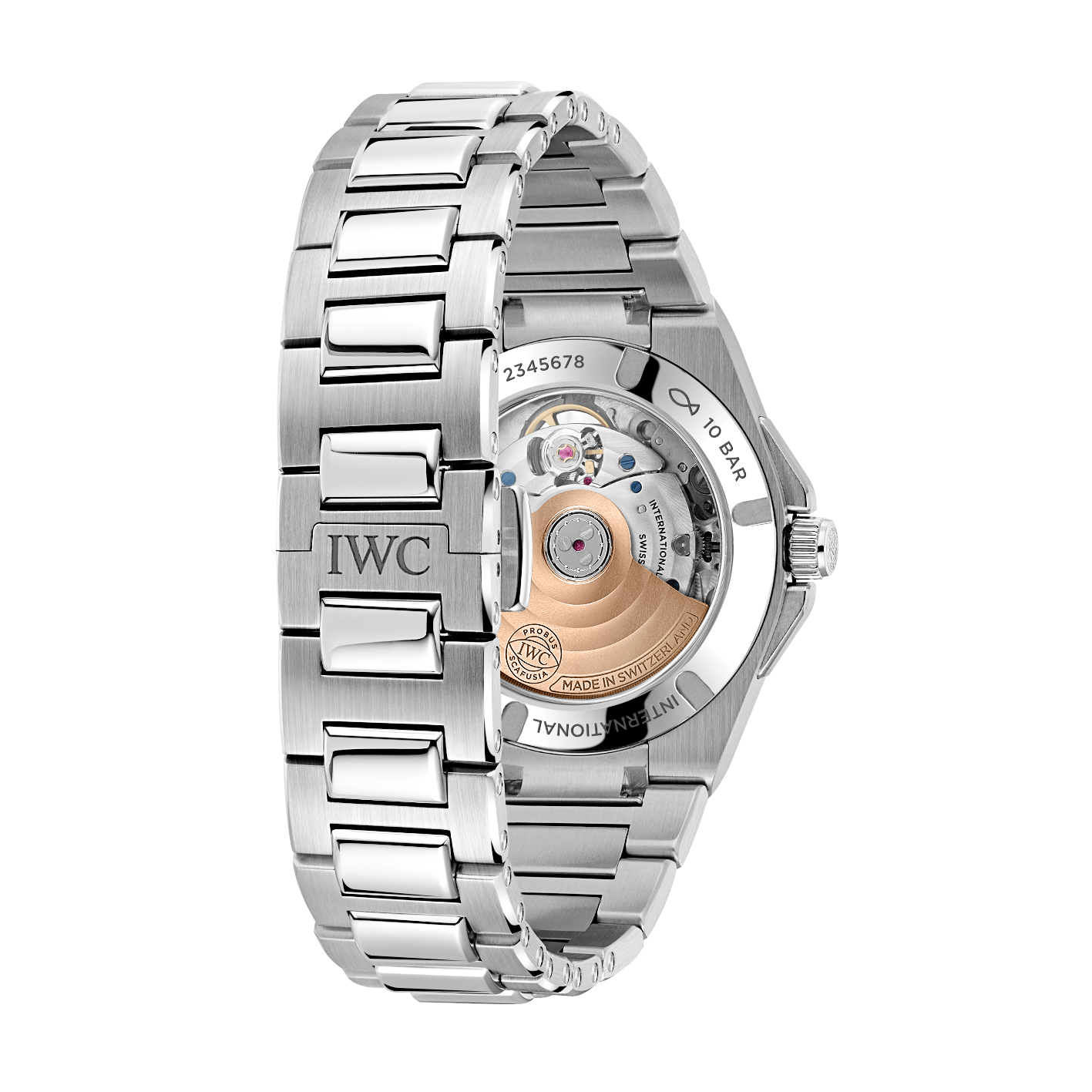 Rear view of IWC Ingenieur Automatic watch showing exhibition caseback and stainless steel bracelet on white background