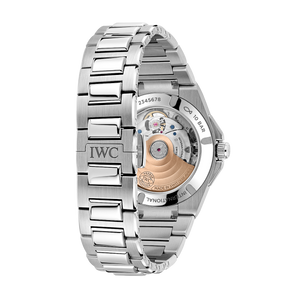 Rear view of IWC Ingenieur Automatic watch showing exhibition caseback and stainless steel bracelet on white background