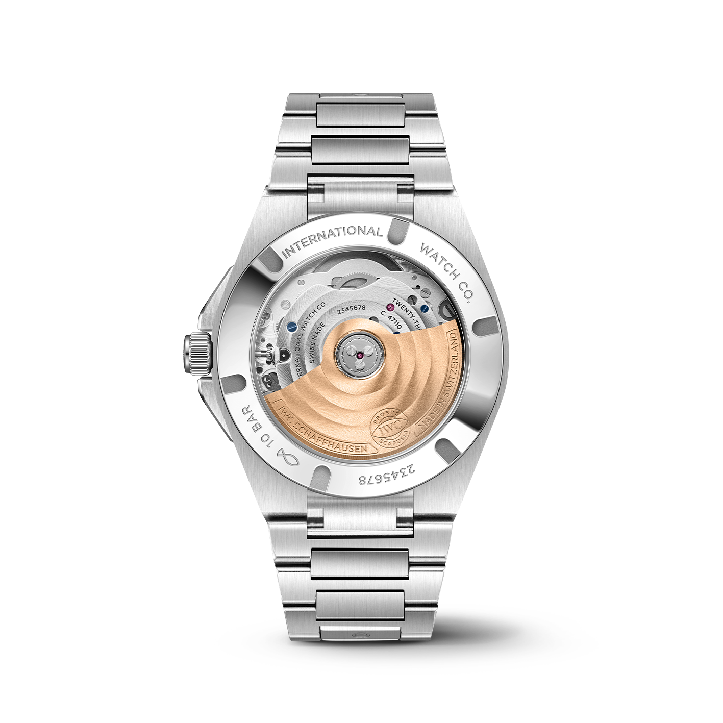Rear view of IWC Ingenieur Automatic 35 showing transparent case back and visible movement, stainless steel bracelet