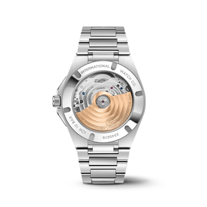 Rear view of IWC Ingenieur Automatic 35 showing transparent case back and visible movement, stainless steel bracelet