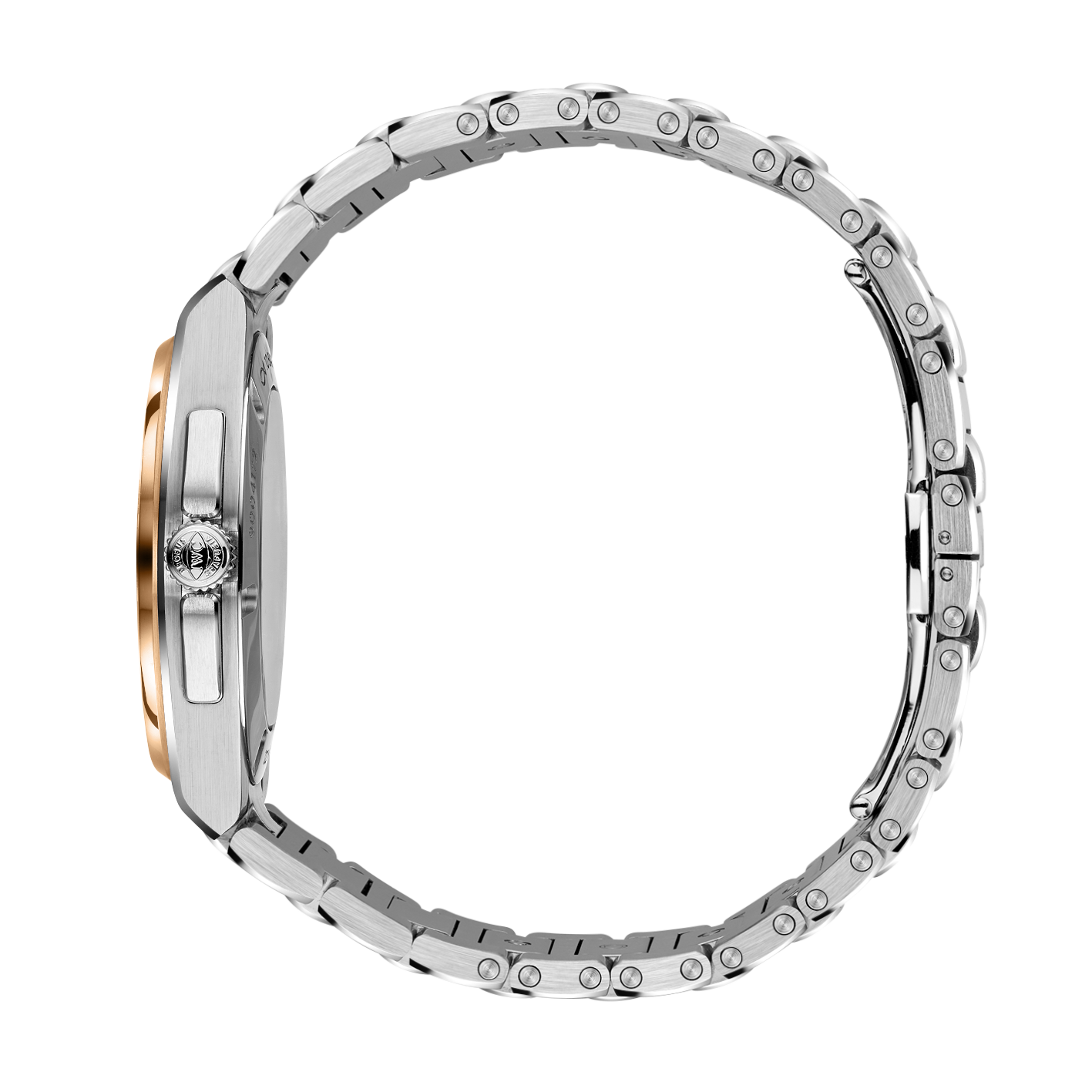 Close-up of a stainless steel watch with gold accents on a white background