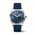 IWC watch with blue strap and blue dial on a white background