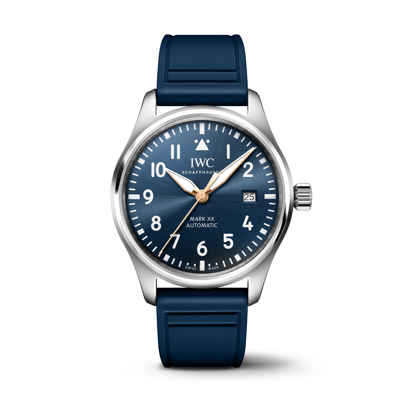 IWC watch with blue strap and blue dial on a white background