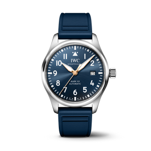 IWC watch with blue strap and blue dial on a white background