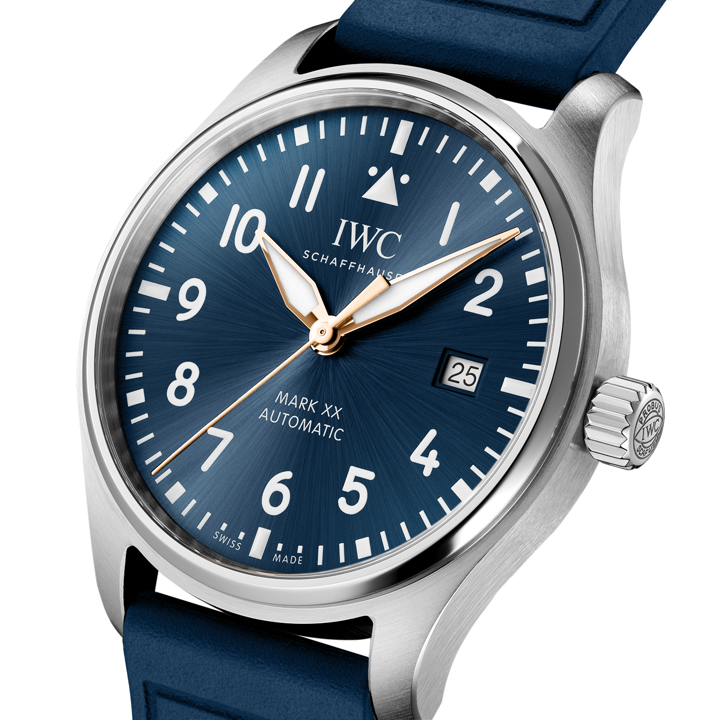IWC watch with blue dial and blue strap on a white background