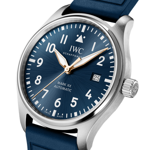 IWC watch with blue dial and blue strap on a white background