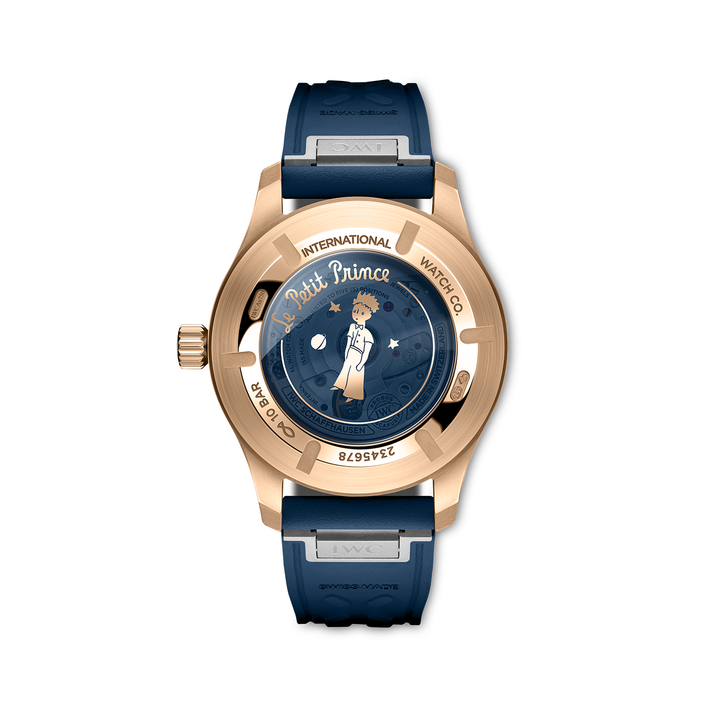 Back view of IWC Pilot's Watch Mark XX Le Petit Prince with Le Petit Prince engraving on caseback and blue strap