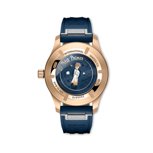 Back view of IWC Pilot's Watch Mark XX Le Petit Prince with Le Petit Prince engraving on caseback and blue strap