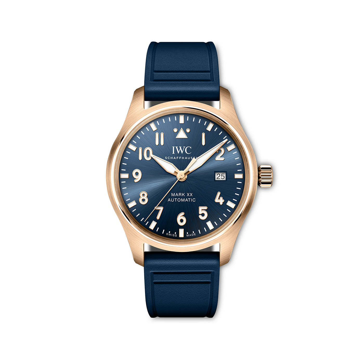 IWC watch with blue strap and blue dial with gold bezel on a white background