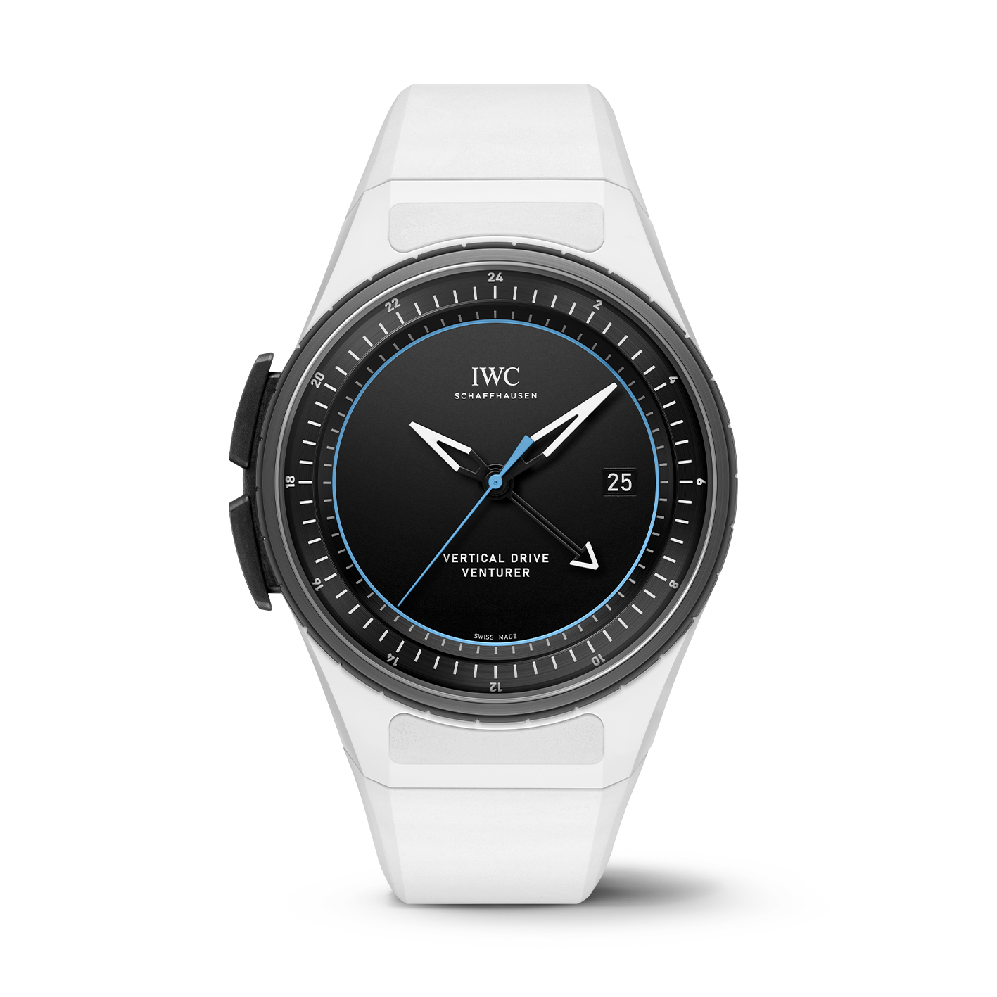 IWC watch with a white strap on a white background