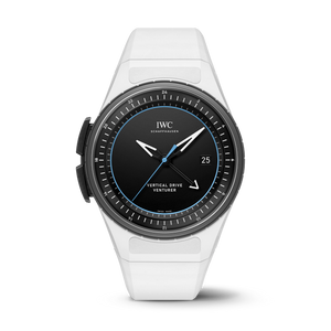 IWC watch with a white strap on a white background