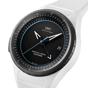 IWC watch with black dial and white strap on a white background