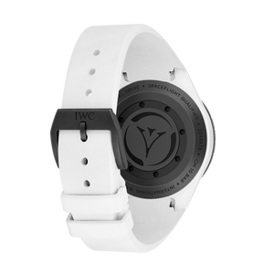 White watch with a black dial on a white background