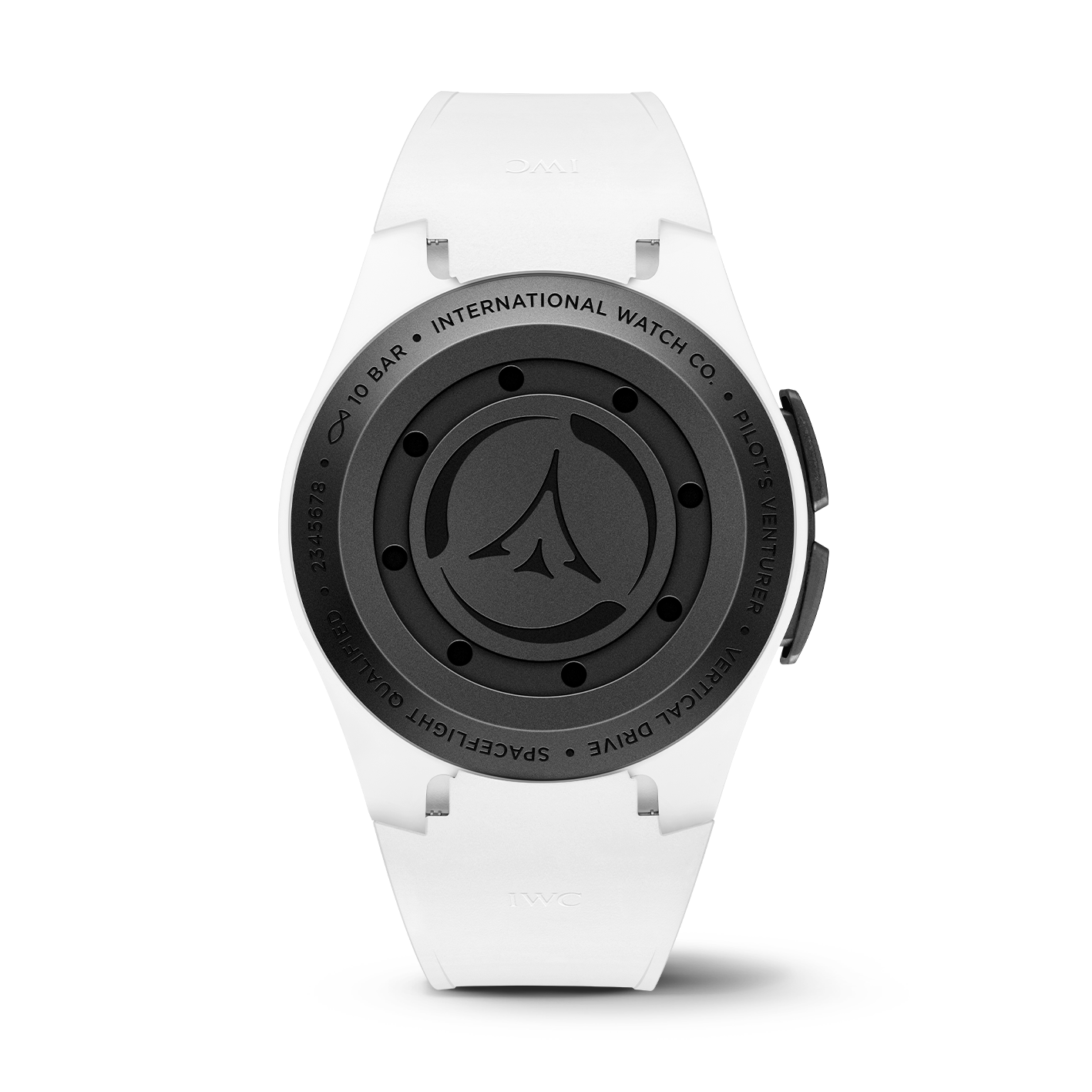 Rear view of Pilot's Venturer Vertical Drive watch showcasing black engraved case back and white rubber strap on white background