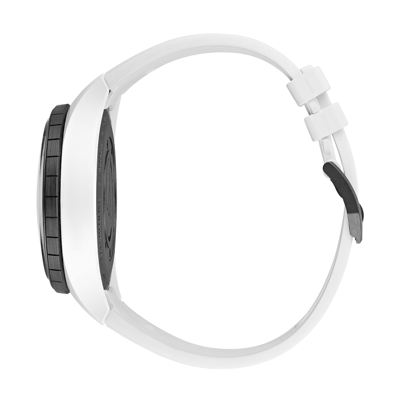 Side view of White watch band on a white background