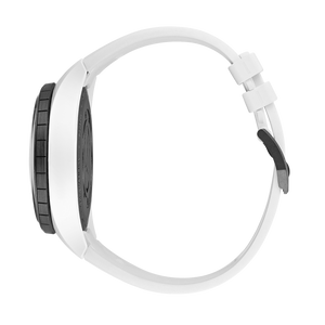 Side view of White watch band on a white background