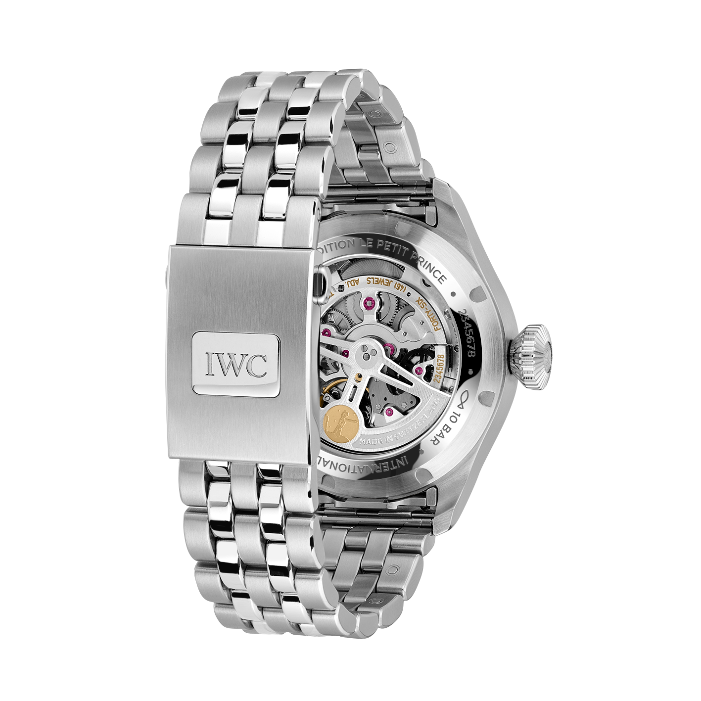 Rear view of Big Pilot's Watch showing exhibition caseback, stainless steel bracelet and engraved IWC clasp on white background