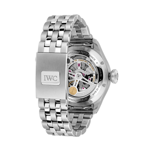 Rear view of Big Pilot's Watch showing exhibition caseback, stainless steel bracelet and engraved IWC clasp on white background