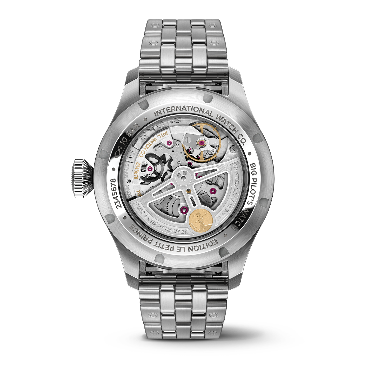 Rear view of IWC Big Pilot's Watch Le Petit Prince showing exhibition caseback with movement and stainless steel bracelet