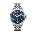 Front view of Big Pilot's Perpetual Calendar watch with blue sunburst dial, moonphase and metal bracelet on white background